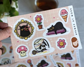 Cat stickers sheet, cat, flower, mushroom stickers, waterproof, colorful sticker, fun stickers