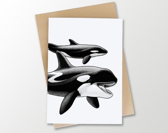 Killer Whale blank greeting card with envelope | black and white | orca | blackfish | ocean stationary | nautical drawings | coastal beach