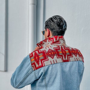 Denim Jacket With Red Embroidered Native Pattern Custom Made
