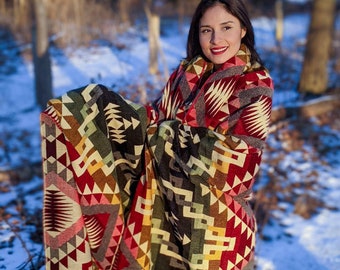 Alpaca Blanket Queen Sized, Orange Red Yellow Geometric Blanket, Native blanket, Picnic Blanket, Camping Blanket, Wool Blanket reversible