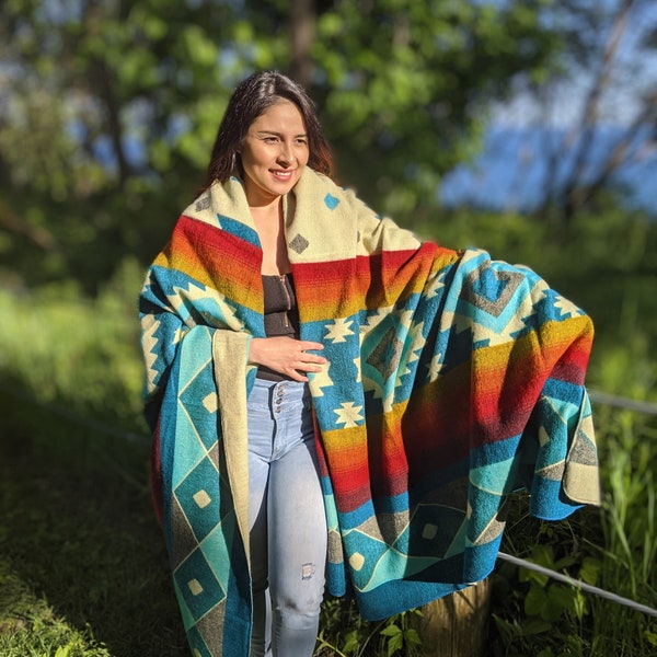 American Honey Blanket, Queen Size Geometric Blanket, Native Camping Blanket, Wool Blanket, Colorful Picnic Blanket, Ecuador Boho Decor,