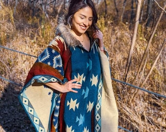 Alpaca Poncho American Honey Geometrical Pattern - Native Design - Tribal Hooded  - Boho Faux Fur Hood