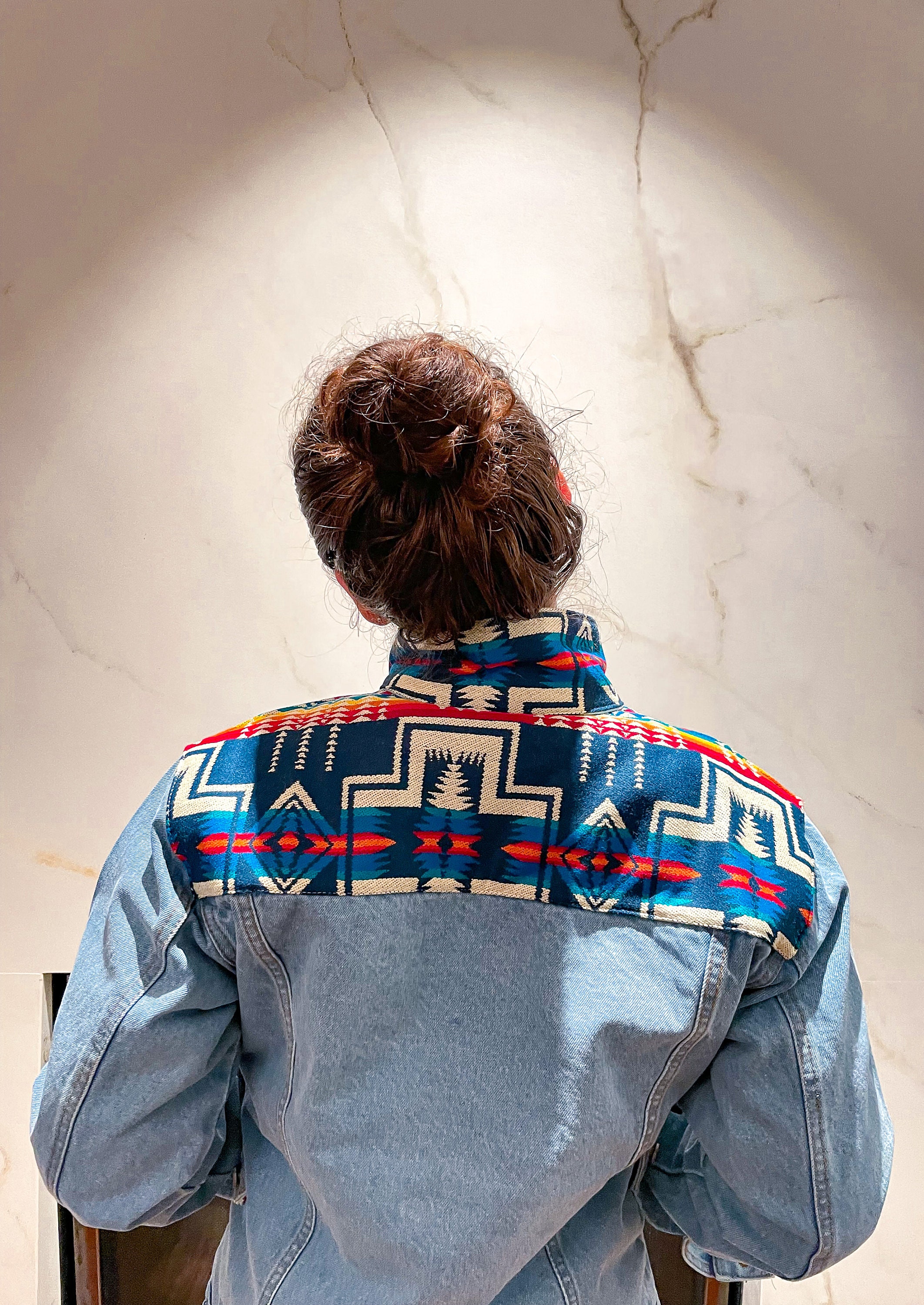 Sunrise Aztec Denim Jean Jacket With Leather Blue Yellow 