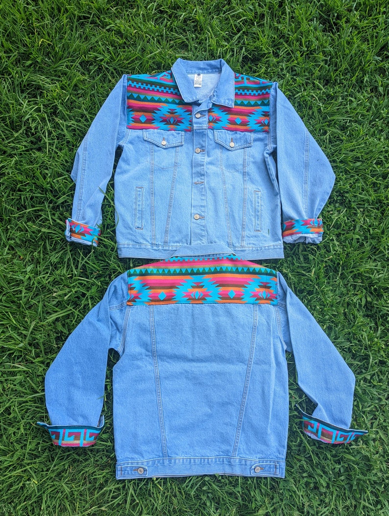 Denim Jacket With Embroidered Native Pattern Custom Made Etsy
