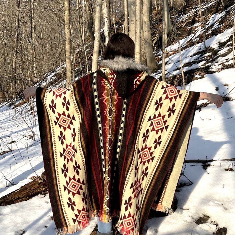 Alpaca Poncho Red Tribal Geometrical Pattern Native Design Tribal Hooded Boho hood image 2