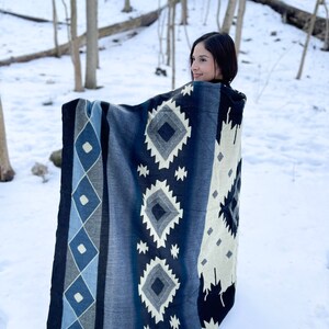 Alpaca Queen Size Blanket, Ghost Blue Geometrical Throw, Native Design Camping Blanket, Wool Blanket, Colorful Picnic Blanket, Boho Decor