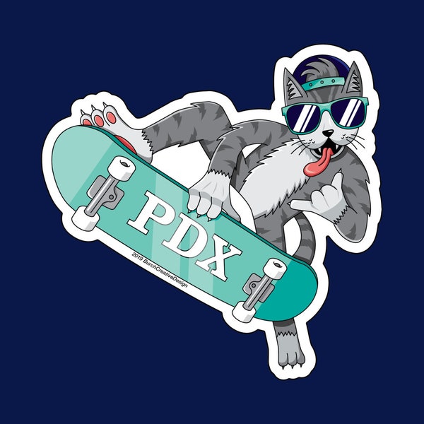 PDX Skater Cat -- Diecut -- Water Bottle Sticker