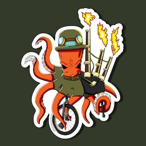 May include: An orange octopus wearing a green hat with goggles and a black belt, riding a unicycle and playing a bagpipe with flames coming out of the top.