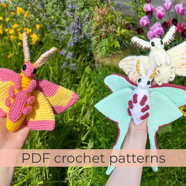 Crochet Pattern Bundle for Poodle Moth, Luna Moth and Rosy Maple Moth ~ 3 Amigurumi PDF files ~ ENGLISH instructions only
