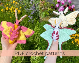 Crochet Pattern Bundle for Poodle Moth, Luna Moth and Rosy Maple Moth ~ 3 Amigurumi PDF files ~ ENGLISH instructions only