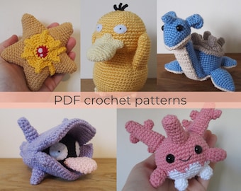 Crochet pattern bundle to make Lapras, Psyduck, Staryu, Corsola and Shellder ~ Amigurumi PDF Files ~ ENGLISH instructions only
