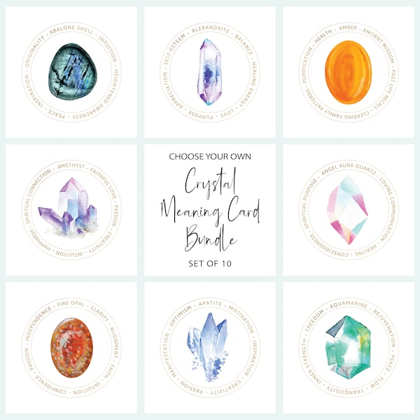 PICK YOUR OWN Cards Bundle - 10 Gemstone Crystal Cards Of Your Choice - Jewelry Display Cards - Printable Files - Gemstone Meaning Cards