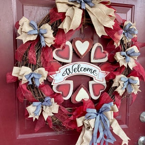 Happy Heart Valentines Welcome Wreath, Valentines Wreath, Welcome Wreath, Country Hearts Wreath, Farmhouse Welcome Wreath, Front Door Wreath