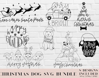 May include: A set of 8 black and white Christmas dog SVG designs. The designs include a dog wearing a Santa hat, a dog sitting with a sign that says "Merry Christmas", a dog truck with the text "Furry & Bright", a dog tree with the text "Woofy Christmas", a dog with the text "Happy Pawlidays", a dog with the text "Merry Woofmas", a dog with the text "We Woof You a Merry Christmas", and a dog with the text "Merry Christmas".