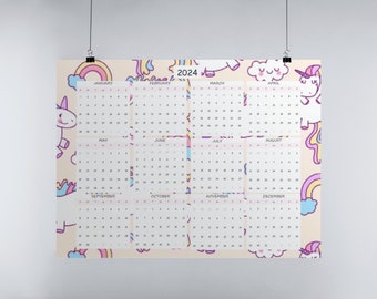 WANDKALENDER 2024 EINHORN A3 Printable Sofortdownload! Horizontal Großer Kalender 24, Einhorn Kalender 1 Seite 2024, Jahresplaner 24