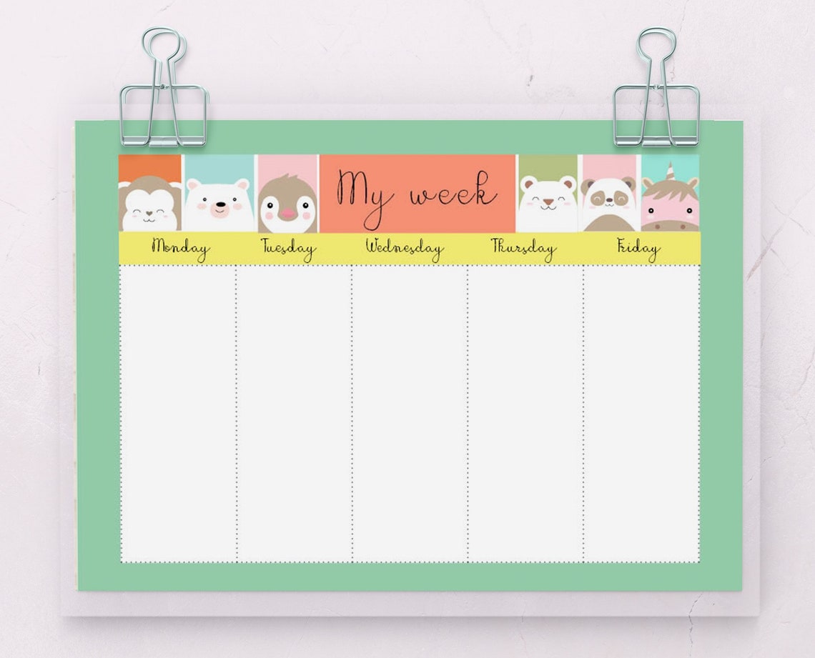 KIDS DAILY SCHEDULE Animals Printable for Instant Download Horizontal
