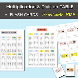 MULTIPLICATION & DIVISION TABLE Chart Printable With Flash Cards ...