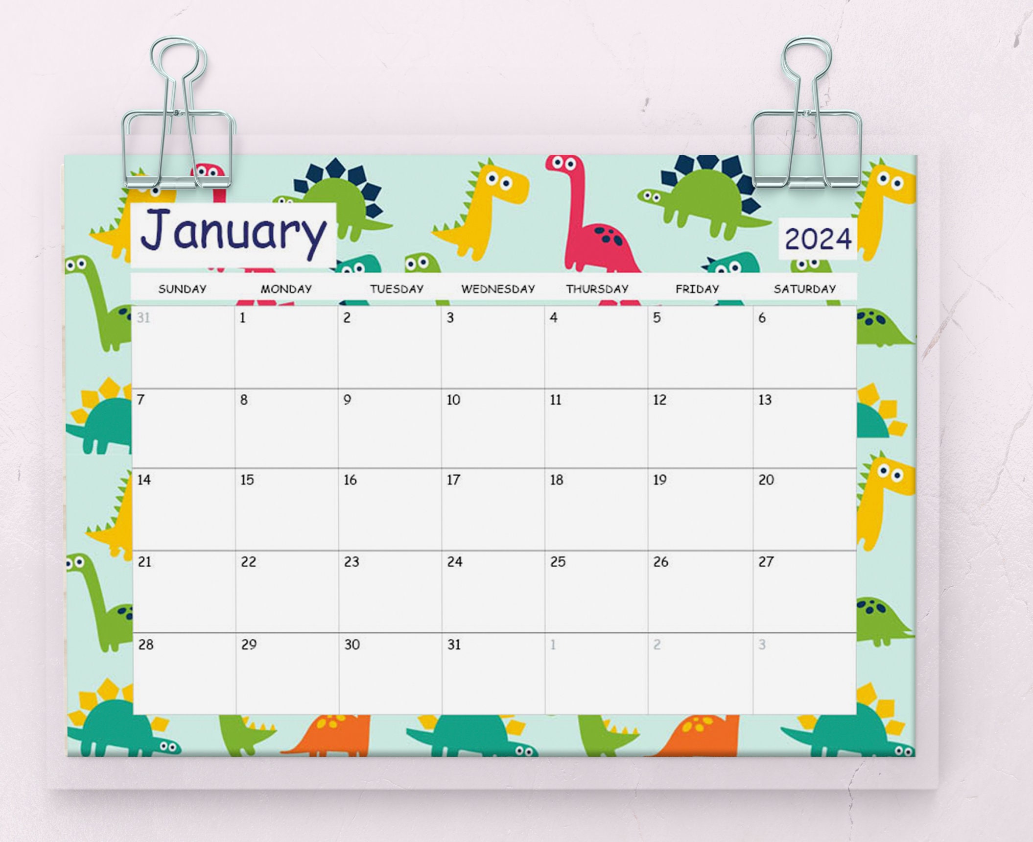 DINOSAUR CALENDAR 2024 PRINTABLE for Instant Download Dinosaur Planner