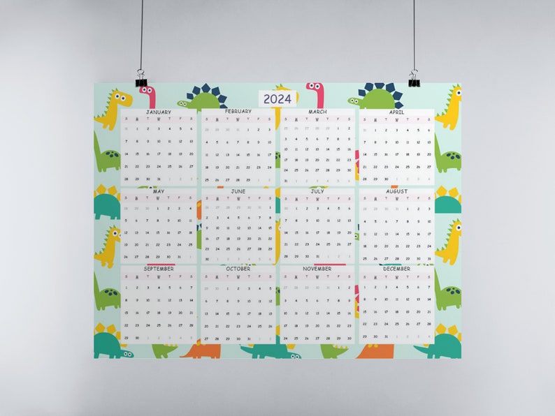 DINOSAUR WALL CALENDAR 2024 A3 Printable Instant Download Horizontal