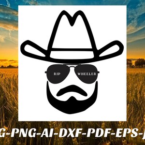 May include: Black and white silhouette of a cowboy wearing a hat and sunglasses. The sunglasses have the words "RIP" and "WHEELER" written on them.