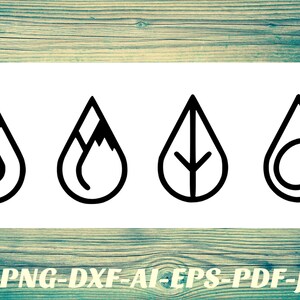 May include: Four black and white icons in the shape of a teardrop. Each icon has a different symbol inside: a water drop, a mountain, a leaf, and a circle.