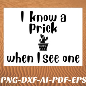 May include: A white background with black text that reads "I know a Prick when I see one". A black and white illustration of a cactus in a pot is between the two lines of text.