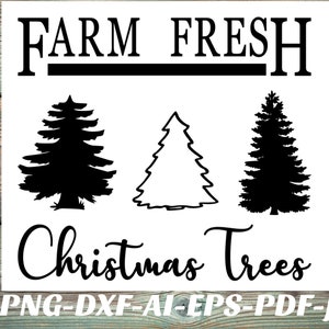 Op de afbeelding: Zwart-wit silhouetontwerp van drie kerstbomen met de tekst "FARM FRESH Christmas Trees" op een witte achtergrond.
