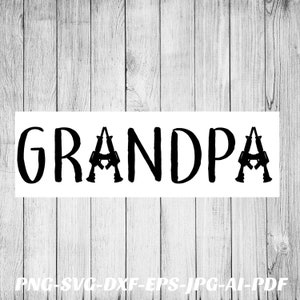 以下が含まれることがあります： 「GRANDPA」という単語の白黒のグラフィックデザイン。2つのスタイリッシュな銃が「A」という文字を形成しています。