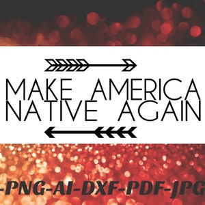 May include: A white background with black text that reads "MAKE AMERICA NATIVE AGAIN" with arrows on either side. The text is in a bold, sans-serif font. The background is a blurred image of red and gold glitter.