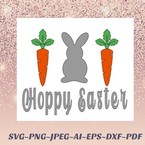 May include: A digital design featuring a gray bunny rabbit silhouette with two green carrot silhouettes on either side. The text "Hoppy Easter" is written in a cursive font below the silhouettes.