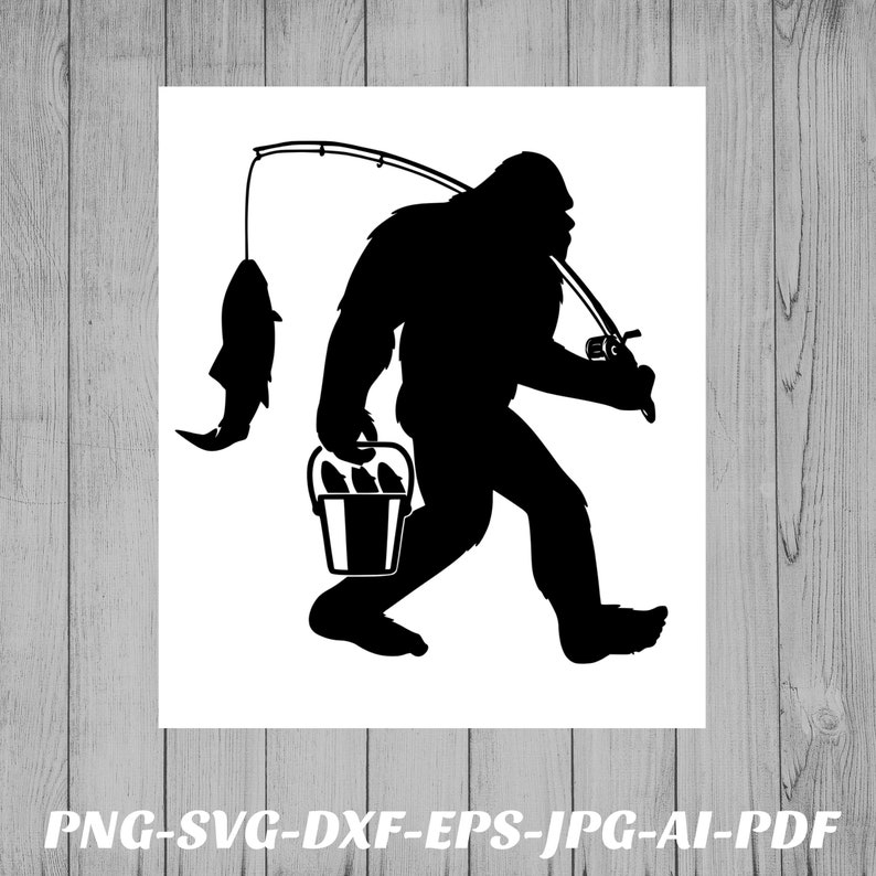 May include: A black silhouette of Bigfoot holding a bucket of fish and a fishing rod with a fish on the line.