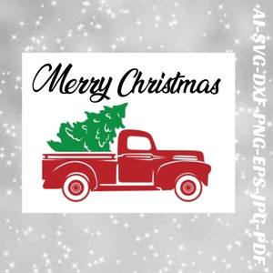 Op de afbeelding: Een rode pick-up truck met een groene kerstboom in de laadbak. De truck staat op een witte achtergrond met de tekst "Merry Christmas" erboven.