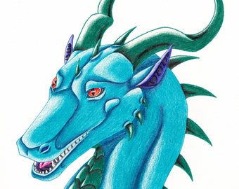 Turquoise Dragon - Colored Pencil Artwork, Original Piece