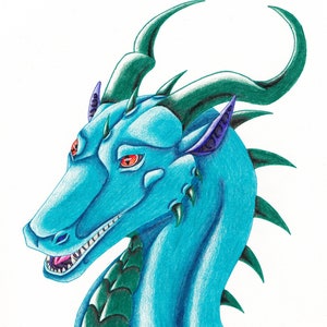 Turquoise Dragon - Gekleurd potloodkunstwerk, origineel stuk