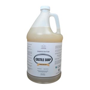 May include: A large, clear plastic container of unscented Castile soap. The label reads "Lavender Rose Bath & Body" and "Castile Soap". The liquid soap is a light beige colour. The container has a white cap and a handle. It holds one gallon (3.78 litres).