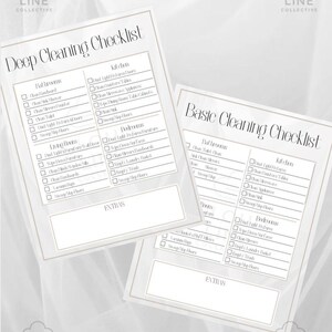 May include: Two white cleaning checklists with the text "Deep Cleaning Checklist" and "Basic Cleaning Checklist". The checklists are organized by room, with checkboxes for tasks. The Cloud Line Collective logo is in the corners.