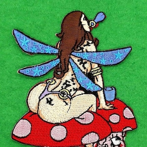 Fairy Sitting A On Mushroom Blowing Bubbles Iron On Sew On Embroidered Patch 2 7/8 &quot; X 4 &quot;