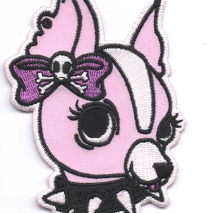 Cherry Martini Pink Chihuahua With Skull Bow Sew-On Iron-On Embroidered Patch 2 1/2"x 4"