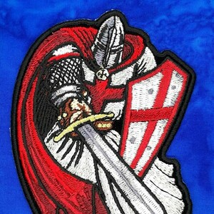 Red Crusader Templar Knight With Cape & Sword  Sew-On Iron-On Embroidered Patch  3 &quot; X 4 &quot;