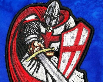 Red Crusader Templar Knight With Cape & Sword  Sew-On Iron-On Embroidered Patch  3 " X 4 "