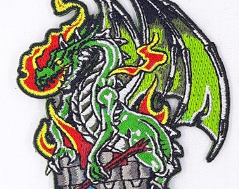 Green Fire Breathing Dragon On Castle Iron-On Embroidered Patch 2 1/2"X 4"