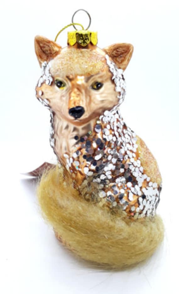 St Nicholas Square Blown Glass Glitter Fox Ornament Holiday Spice