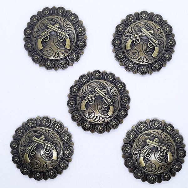 Crossed Six Guns Western Style Concho Conchos 1 3/8" Antigue Brass Five Count