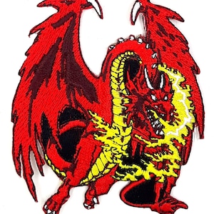 May include: Red embroidered dragon patch with yellow flames. The dragon is in a fierce pose with its wings spread wide.