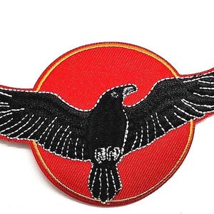 Raven On A Red Sun  Iron On Sew On Embroidered Patch 4 1/2 &quot;X 2 1/2 &quot;