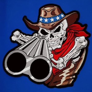 May include: A skeleton wearing a cowboy hat with stars and a red bandana, holding a double-barreled shotgun.