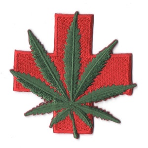 May include: Green marijuana leaf embroidered on a red medical cross patch.