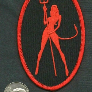 Devil Girl With Pitch Fork Iron On Sew On Embroidered Patch 4" x 2 1/2"
