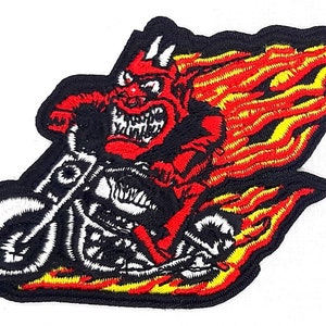 Devil Biker In Flames Iron On Embroidered Patch 3 7/8" X 2 3/8"