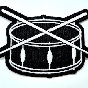 Snare Drum With Sticks Iron On Sew On Embroidered Patch 3 1/2 x 2 1/2"